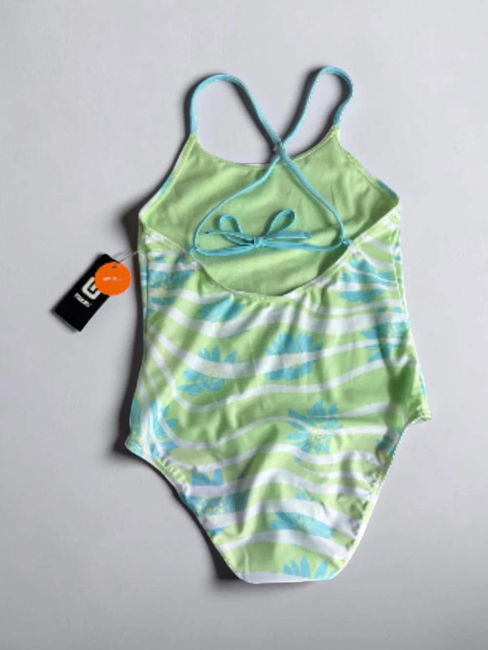New ID Ideology Girls One-Piece Wavy Floral Swimsuit, Green Medium